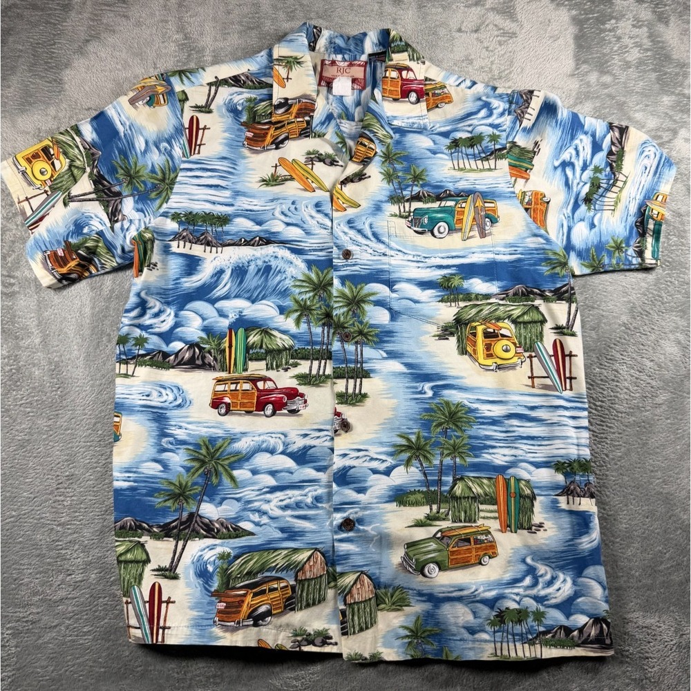 RJC Hawaiian Shirt Men's L Made Hawaii Woody Surfboard Aloha Blue Cotton